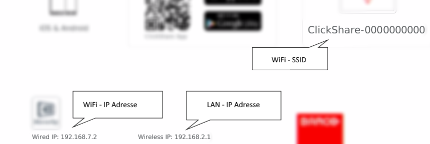WiFi  Wired IP: 192.168.7.2  ClickShare-OOOOOOOOOO  WiFi - SID  - IP Adresse  LAN - IP Adresse  Wireless 'P: 192.168.2.1 